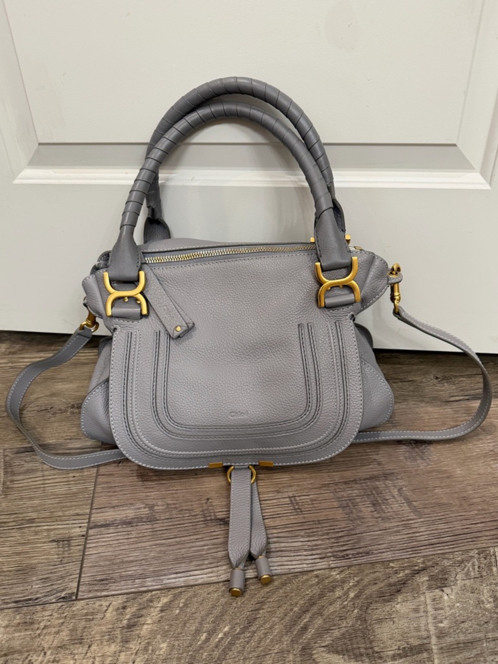 Chloe Marcie Medium Dove Gray Leather Shoulder Bag with Gold Hardware